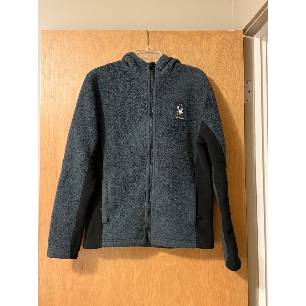 Spyder Sherpa Fleece Jacket Womens S Gray Black Hooded Full Zip Ski Gorpcore